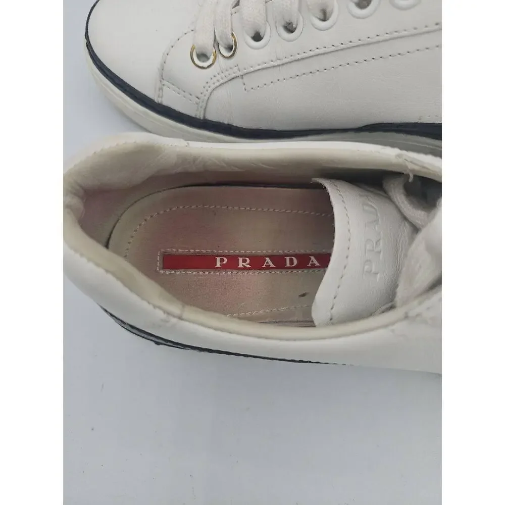 Prada 4E2831 White Leather Low Top Sneakers Colorblock Mens Size 7.5